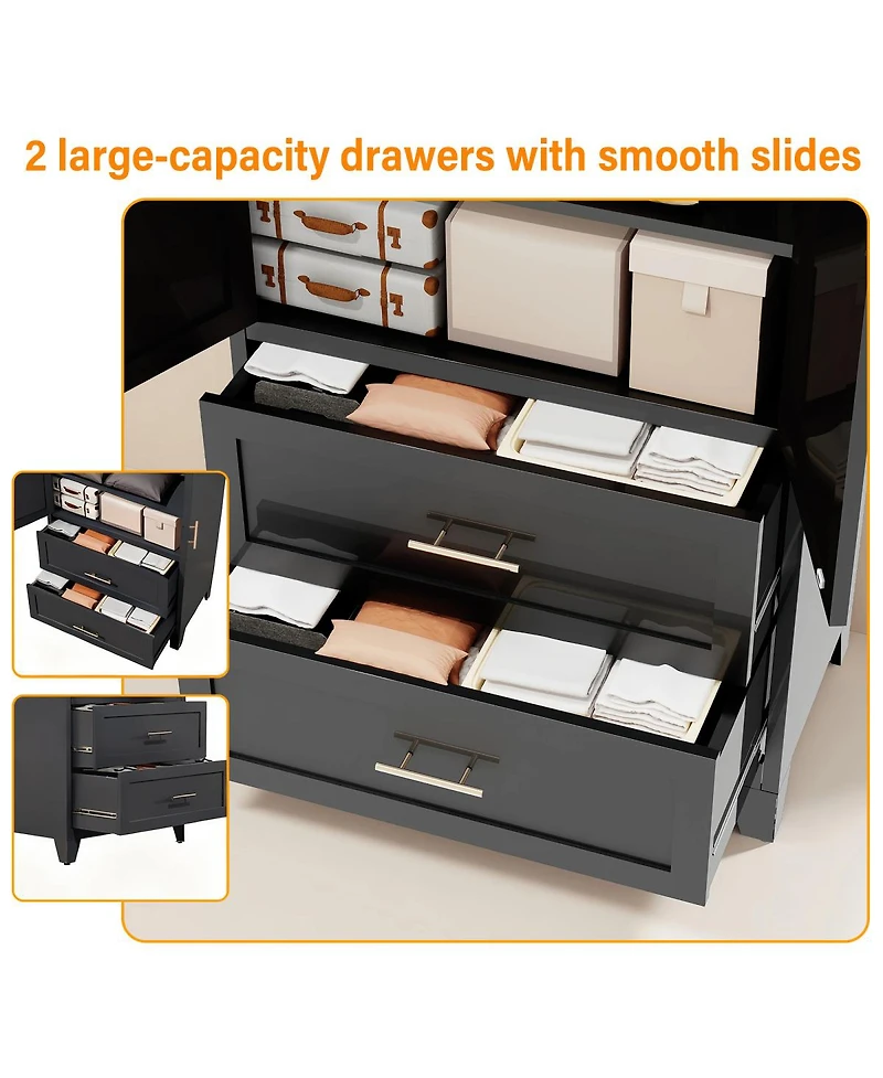 Streamdale 71" Black Metal Wardrobe Cabinet with 2 Drawers, Hanging Rod & Shelf