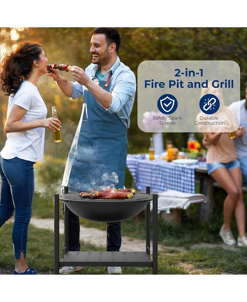 SereneLife Outdoor Wood Fire Pit Steel Bbq Grill with Mesh Spark Screen, Log Grate, Poker & Cover