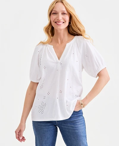Style & Co Petite Short Flutter-Sleeve Eyelet Top, Macy's Exclusive