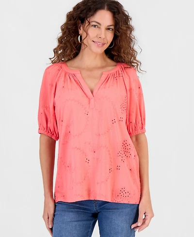 Style & Co Petite Short Flutter-Sleeve Eyelet Top, Macy's Exclusive