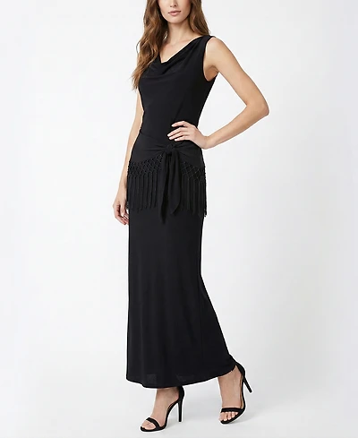 Taylor Women's Fringe Detail Peplum Cowl Neck Fit & Flare Dress