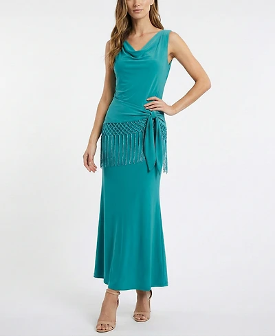 Taylor Women's Fringe Detail Peplum Cowl Neck Fit & Flare Dress