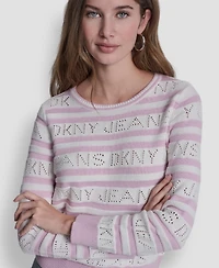 Dkny Jeans Women's Crewneck Logo Pointelle Striped Sweater