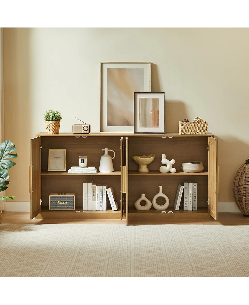 Streamdale Furniture 67" Rattan 4-Door Boho Buffet Cabinet, Large Sideboard Credenza