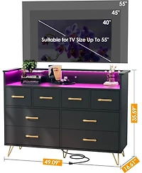 gaomon Dresser for Bedroom with Led Light & Charging Station, 8 Drawers Wooden Dressers with Open Space, Modern Chest of Wide Drawers