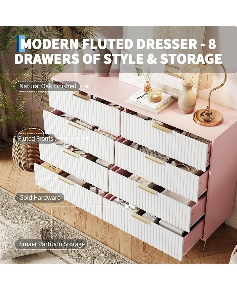 gaomon Fluted Dresser for Bedroom with 8 Drawers,55" Wide Modern Chest of Wooden Bedroom Chest with Metal Handle,Clothes Storage Organizer
