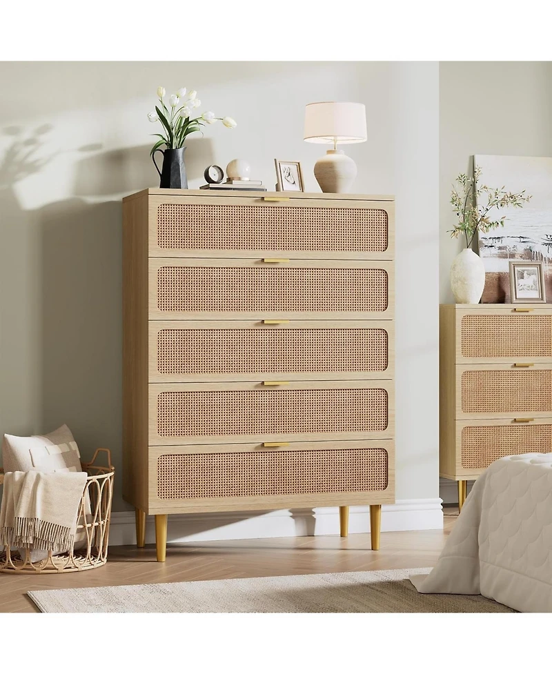 gaomon Rattan Dresser with 5 Drawers, Tall Modern Closet with Deep Storage, Large Chest of Drawers with Wide Top, Long Wooden Dresser