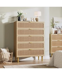 gaomon Rattan Dresser with 5 Drawers, Tall Modern Closet with Deep Storage, Large Chest of Drawers with Wide Top, Long Wooden Dresser