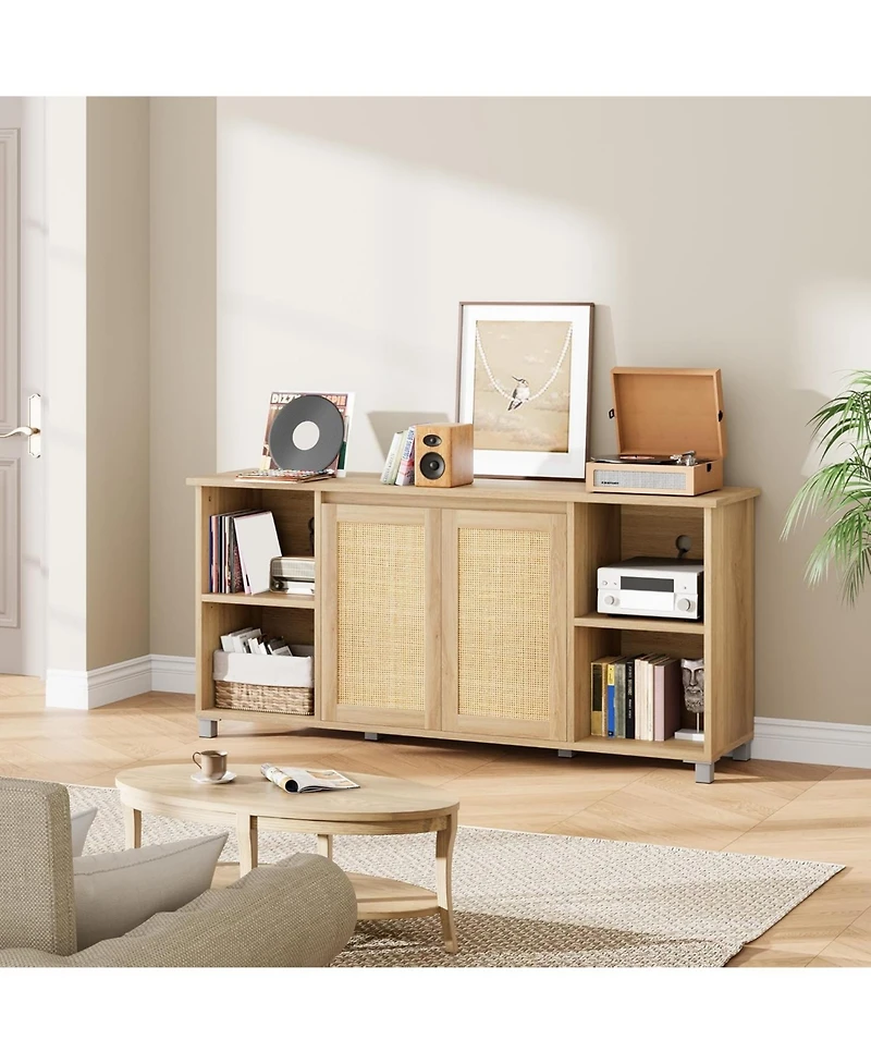 gaomon 70 Inch Tv Stand, Mid-Century Modern Entertainment Center with Rattan Cabinet Doors, Media Console with Open Shelves