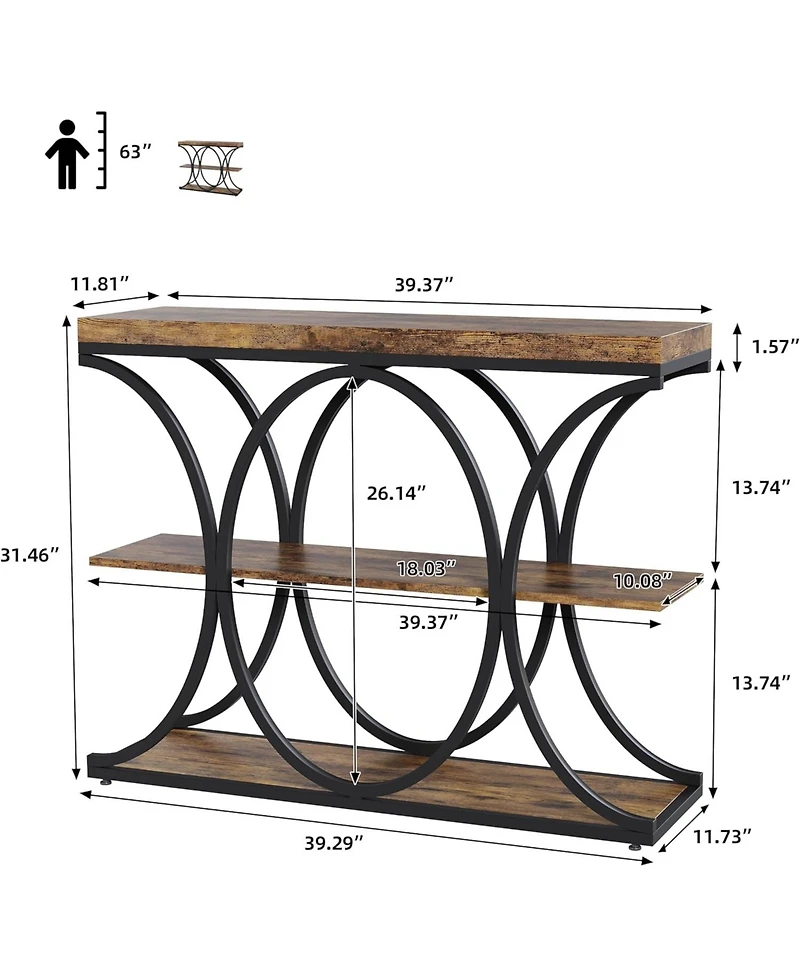 Gaomon 39 Narrow Console Tables for Entryway, Industrial 3-Tier Sofa Table with Round Metal Base and Storage Shelves for Living Room, Hallway, Foyer