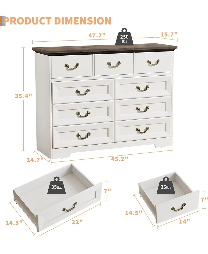 gaomon Dresser for Bedroom, Wooden 9 Drawer Dresser, 47.2" Wide Chest of Drawers with Metal Handles, Tv Stand, Dresser for Closet Clothes