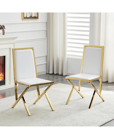 Streamdale Furniture 2-Pack Gold Metal Framed White Pu Dining Chairs with Ergonomic Design