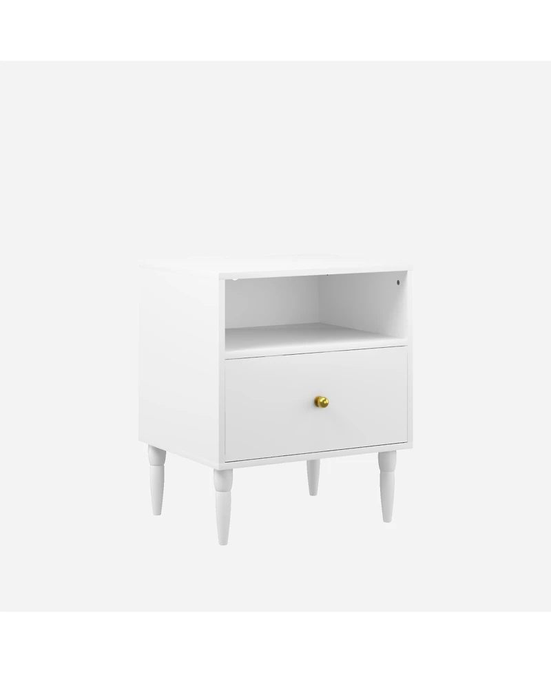 Streamdale Furniture Modern White Nightstand with Drawer & Open Shelf, Bedside Table