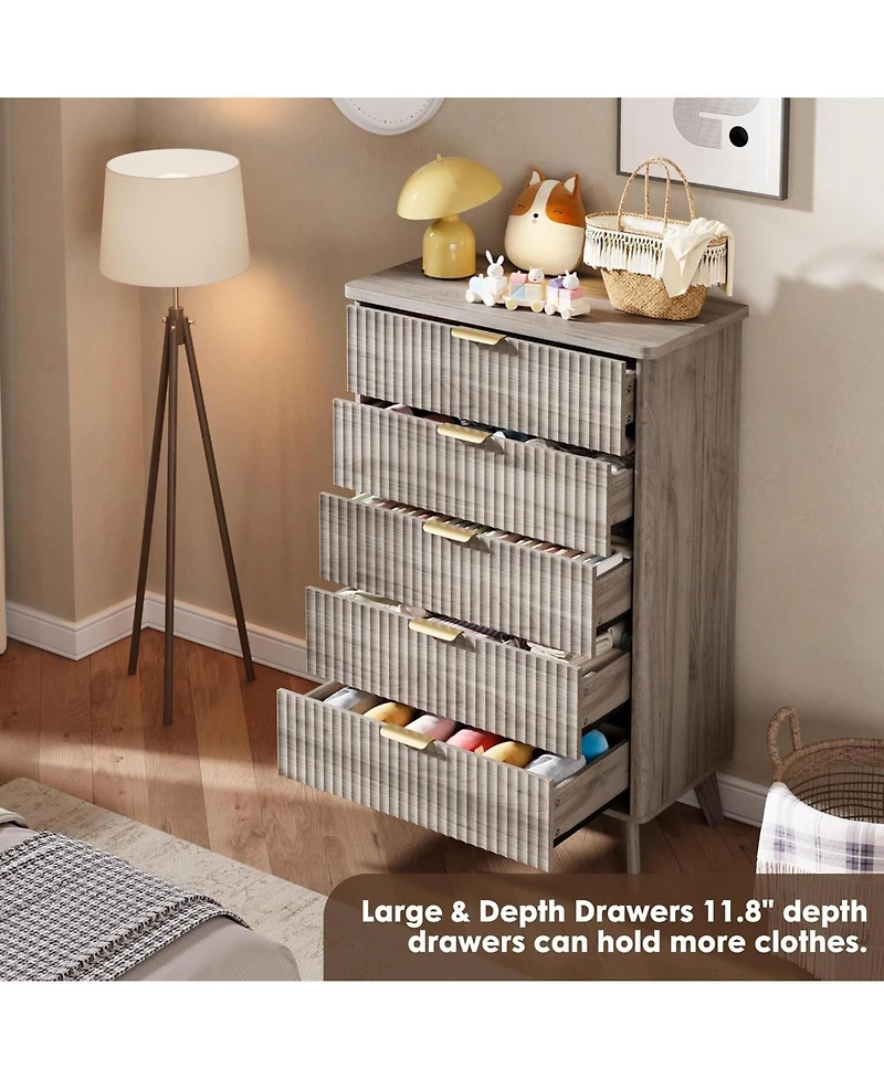 gaomon Fluted Dresser for Bedroom with 5 Deep Drawers, 47.2 in Tall Chest of Drawers, Curved Profile Design, Modern Wooden Dresser, for Living Room