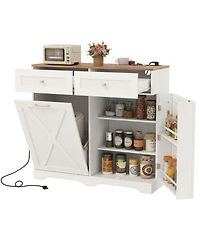 Sugift Tilt Out Trash Can Cabinet with Outlets and Adjustable Shelf