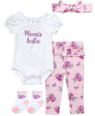 Baby Essentials Girls' Mamas Bestie Lettering Bodysuit, Leggings, Socks and Headband, 4-Piece Set