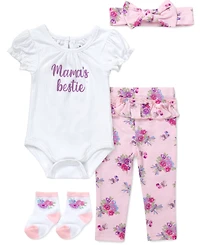 Baby Essentials Girls' Mamas Bestie Lettering Bodysuit, Leggings, Socks and Headband, 4-Piece Set