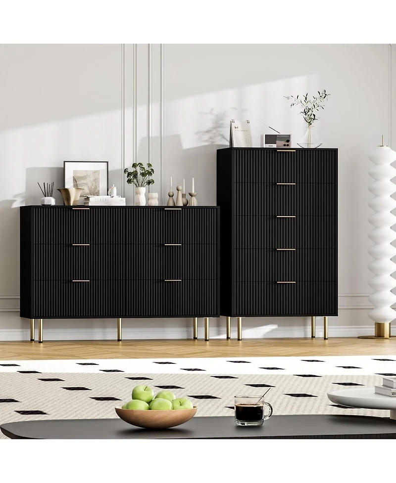 gaomon "47" wide modern 6 drawer fluted dresser with metal handles—wood chest for bedroom or living room."