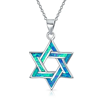 Bling Jewelry Magen Judaic Inlay Created Opal Star Of David Pendant Necklace