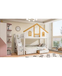 Streamdale Furniture Twin Size Wooden House Bunk Bed with Window, Door, Roof, Drawers & Stairs