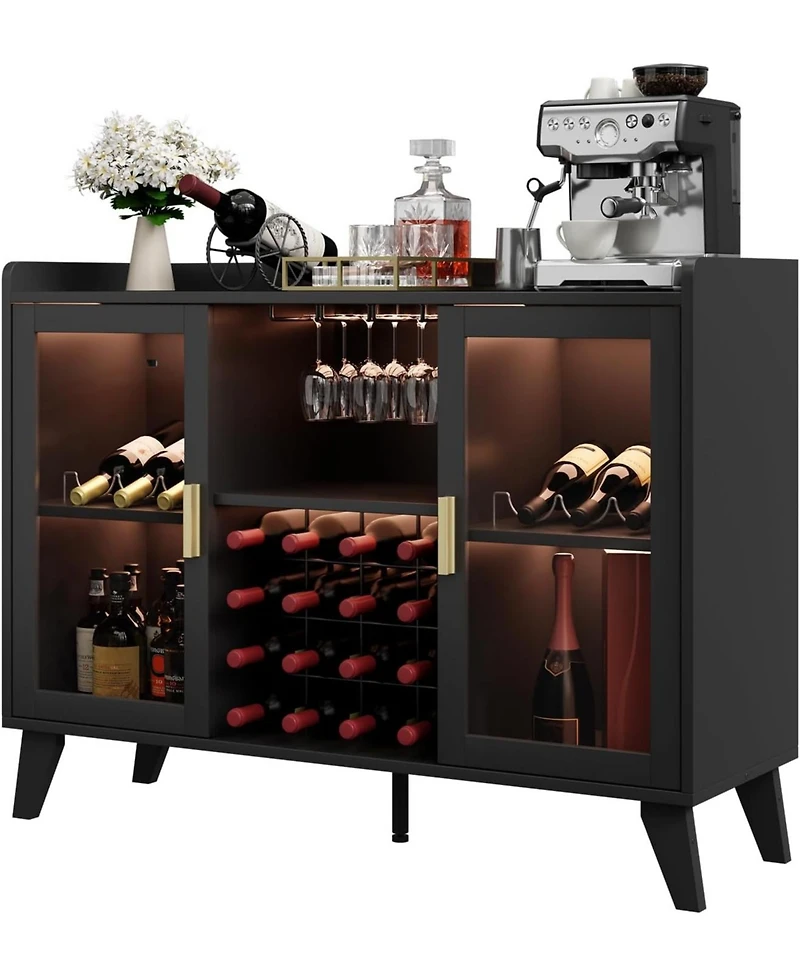 gaomon 47 Inch Wine Bar Cabinet with Led Lights Modern Liquor Cabinet with Wine Racks and Glass Holders Freestanding Kitchen Buffet Sideboard