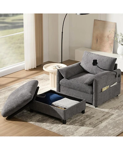Streamdale Furniture 37" Sofa with Storage Ottoman, Phone Holder, Charger, Pockets, Chenille Armchair