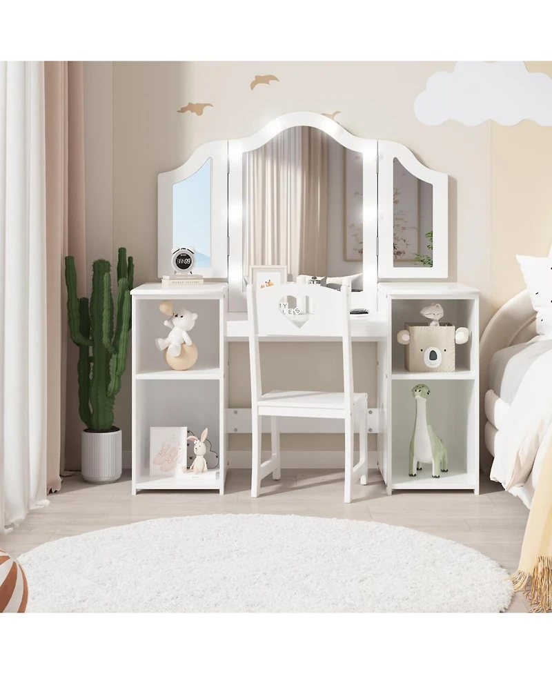 gaomon Kids Vanity Set with Mirror, 2-in-1 Wooden Toddler Vanity Table with Stool, Tri-Folding Mirror and Drawer for Pretend Play