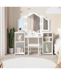 gaomon Kids Vanity Set with Mirror, 2-in-1 Wooden Toddler Vanity Table with Stool, Tri-Folding Mirror and Drawer for Pretend Play