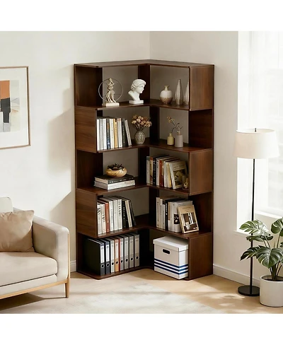 Streamdale Furniture 6 Tier L-Shaped Bookshelf, 66" Tall Walnut Open Display Shelf