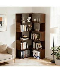 Streamdale Furniture 6 Tier L-Shaped Bookshelf, 66" Tall Walnut Open Display Shelf