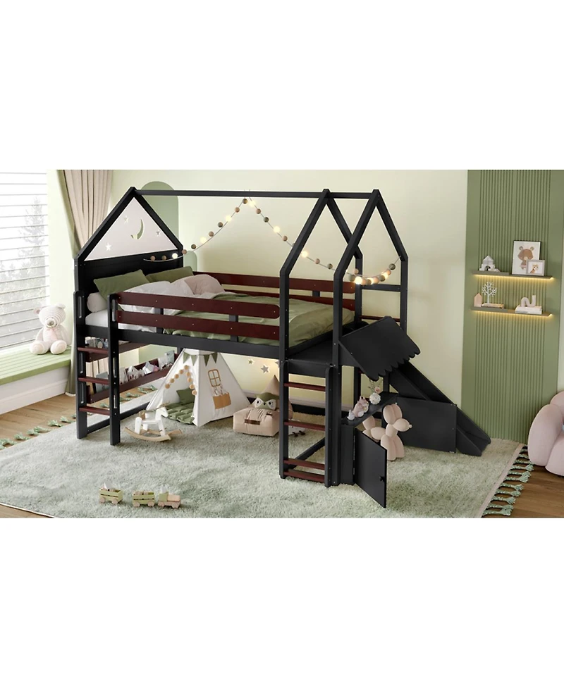 Streamdale Furniture Loft Bed with Bookshelf, House-Shaped with Slide
