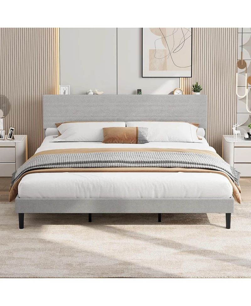 Gaomon Bed Frame with Usb Charging Station, Corduroy Upholstered Platform Adjustable Storage Headboard