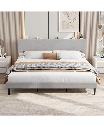 Gaomon Size Bed Frame with Usb Charging Station, Corduroy Upholstered Platform Bed Frame with Adjustable Storage Headboard, Wooden Slats Support