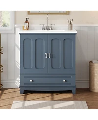 Sillysis 30" Bathroom Vanity with Integrated Sink, Solid Wood & Mdf Cabinet, Adjustable Shelf, Modern Storage