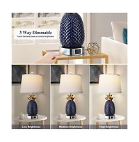Sofucor 22-inch Pineapple Table Lamps Set of 2, 3 way Dimmable Ceramic Table Lamp for living room, Navy Blue Modern Table Lamp with Usb Port