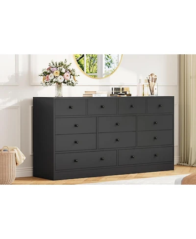 gaomon Drawer Dresser for Bedroom, 61 Long Modern Black Tv Stand with Charging Station, Large Wooden Chest Od Drawers Nursery, Closet