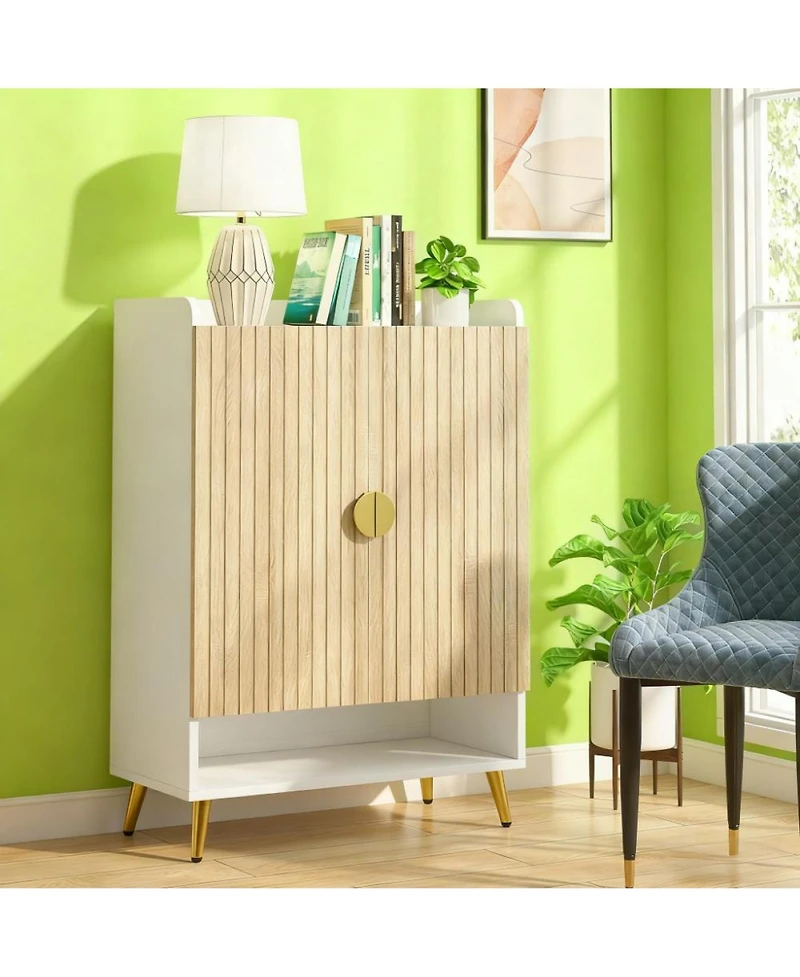 Rainsken 7-Tier Shoe Cabinet, Wooden Shoes Rack, Shoe Storage Organizer with Doors and Adjustable Shelves for Entryway