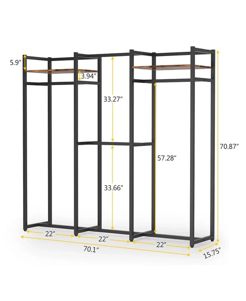 Rainsken Heavy Duty Garment Rack, Large Metal Clothing Rack, Freestanding Closet Organizer with Shelves and Hanging Rod for Hallway, Bedroom