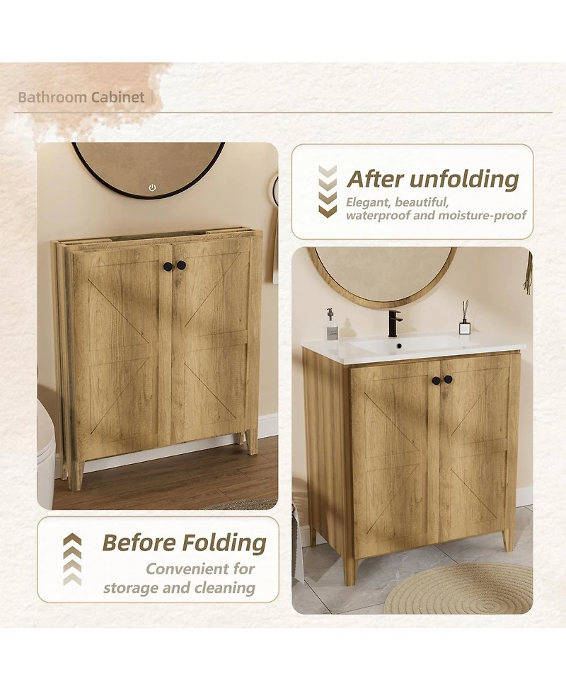 Sillysis 29" Antique Bathroom Vanity with Sink, Quick-Install Folding Storage, Eco Mdf Matte 3D Embossed Finish, Large Capacity