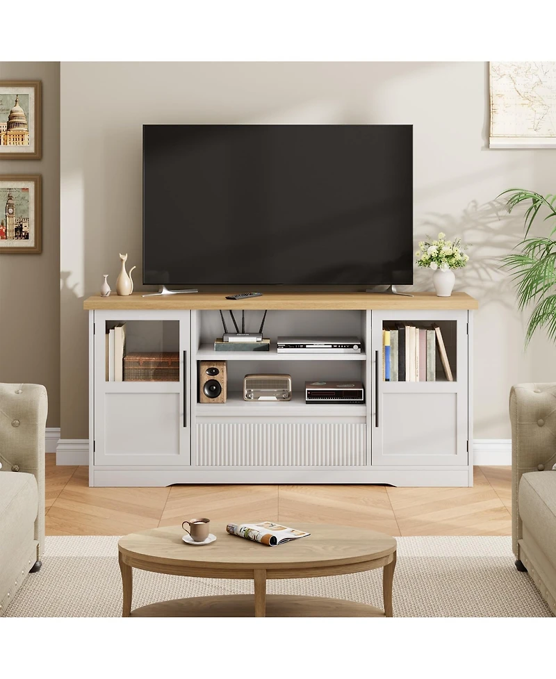 gaomon Tv Stand for 75 Inch TVs, Retro Media Console with Glass Cabinets & Open Shelves, Farmhouse Modern Entertainment Center