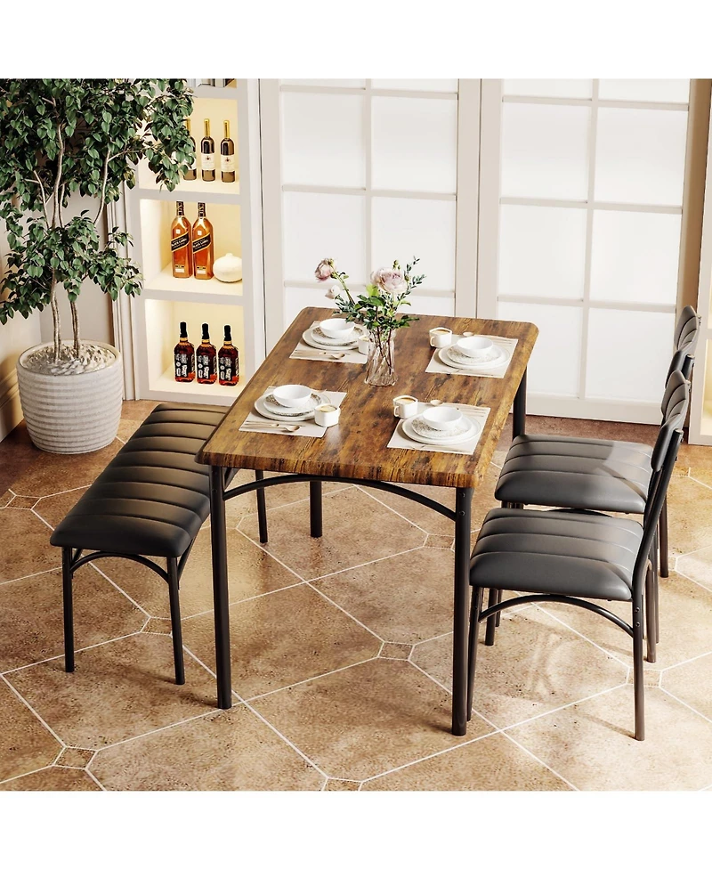 gaomon 4 Piece Rustic Upholstered Dining Set – Table, Chairs & Bench