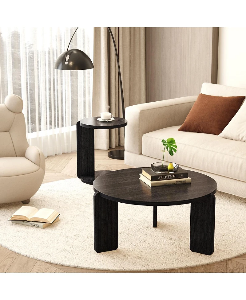 Streamdale Furniture Nesting round wood coffee table set of 2, black oak veneer top, water/wear-resisting