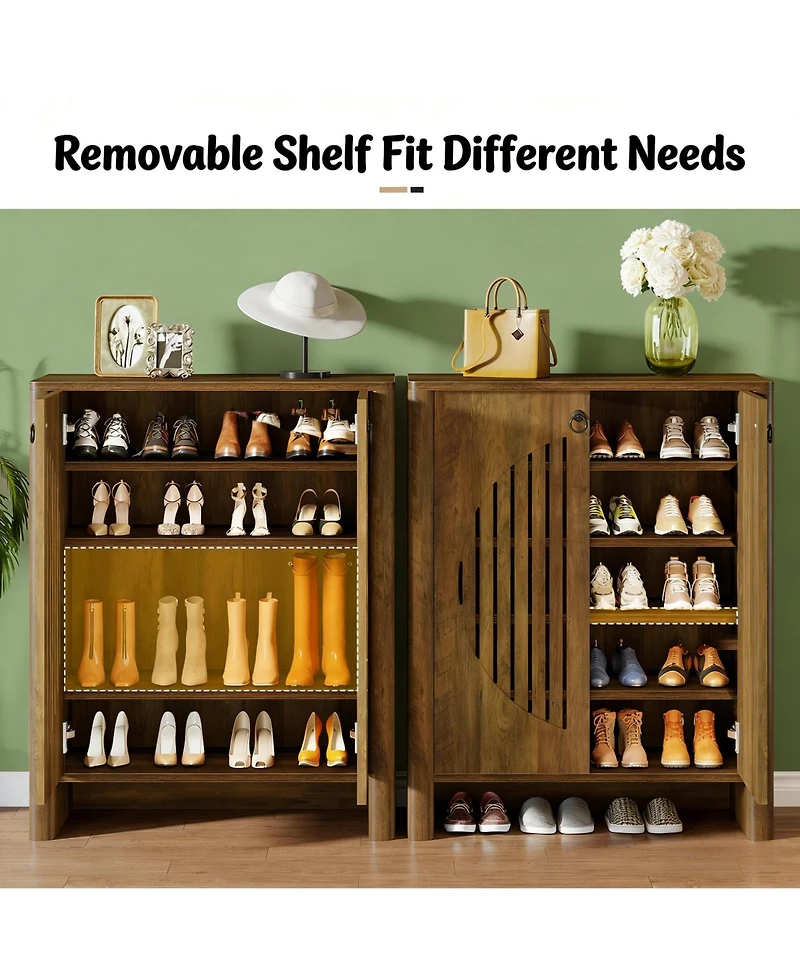 Rainsken Shoe Cabinet with Doors, 5-Tier Shoe Storage Rack with Black Handle, Circular Louvered Door Design, Shoe Organizer for Entryway, Living Room