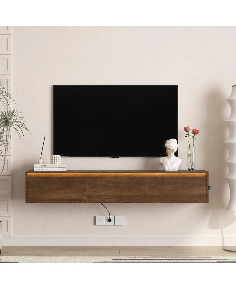 Streamdale Furniture Floating Tv Stand with Led Lights & Power Outlet
