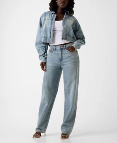 Guess Womens Anna Collared Cropped Bomber Jacket Relaxed Barrel High Rise Jeans