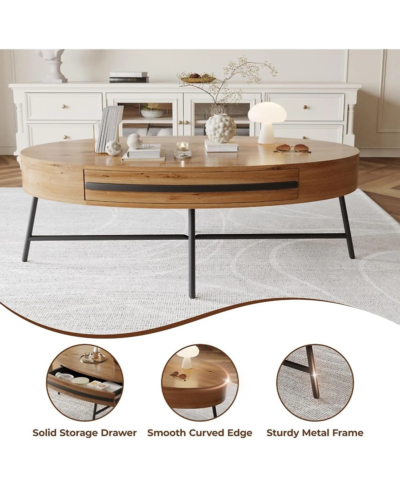 gaomon Oval Coffee Table with Drawer Mid-Century Modern Center Table Wooden Coffee Table with Storage and Cross Metal Legs Unique Curved Design