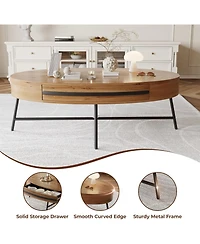 gaomon Oval Coffee Table with Drawer Mid-Century Modern Center Table Wooden Coffee Table with Storage and Cross Metal Legs Unique Curved Design