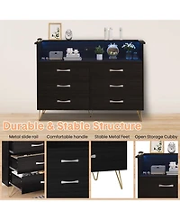 gaomon 6-Drawer Dresser with Usb Charging Station & Led Lights, Modern Wide Chest of Drawers, Large Bedroom Storage Tower Organizer in Black