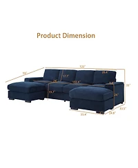 Streamdale Furniture 4-Seat Corduroy Sectional Sofa Sleeper Couch with 2 Ottomans