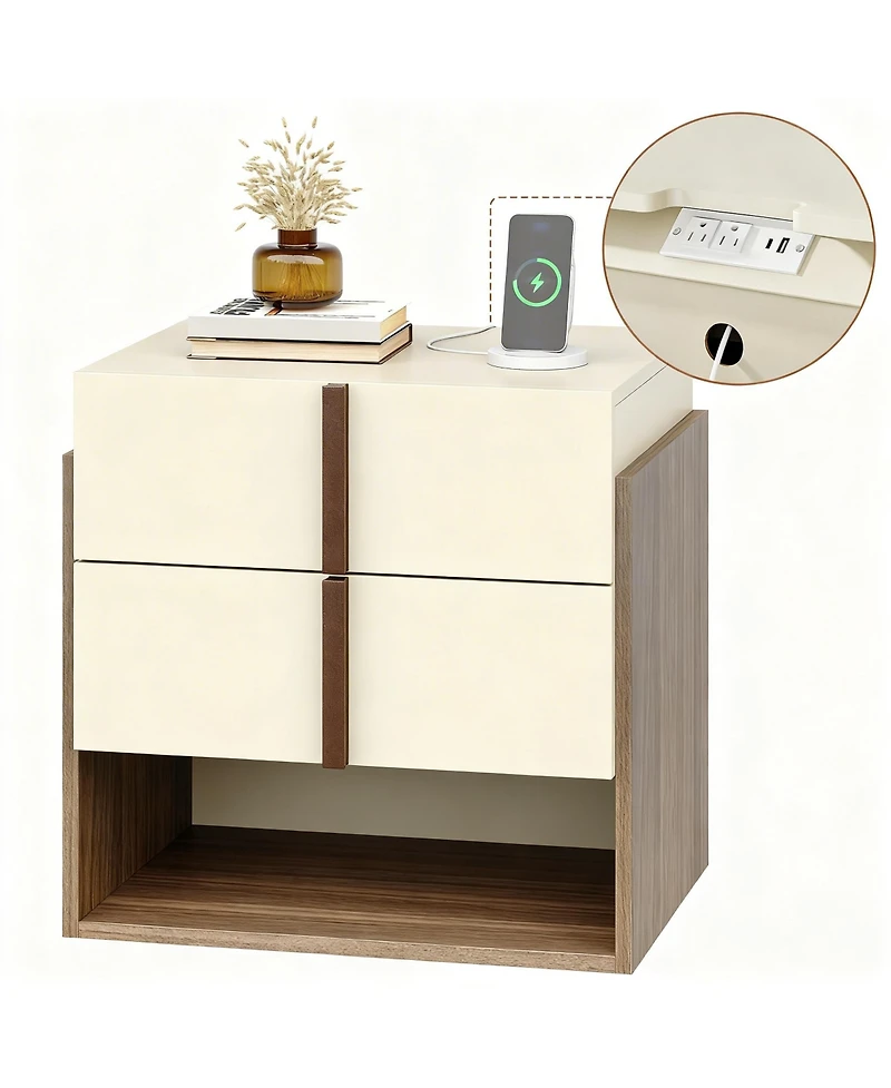 Yigii Mid-Century Modern Nightstand with Charging Ports and Storage